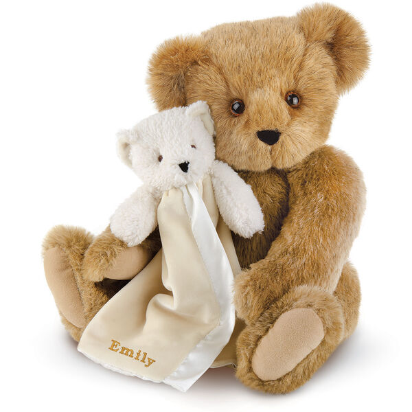 15" Cuddle Buddies Gift Set - Front view of seated jointed bear with ivory bear blanket with stroller strap personalized with "Emily" in gold lettering on corner of blanket - Honey brown fur image number 0