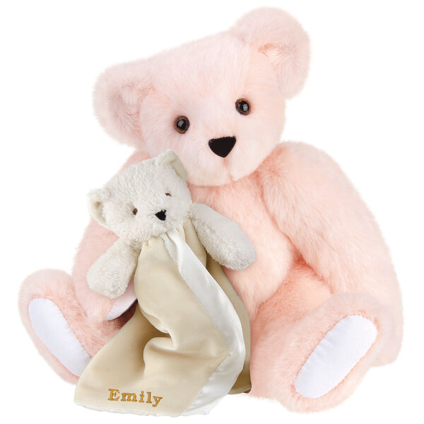 15" Cuddle Buddies Gift Set - Front view of seated jointed bear with ivory bear blanket with stroller strap personalized with "Emily" in gold lettering on corner of blanket - Pink fur