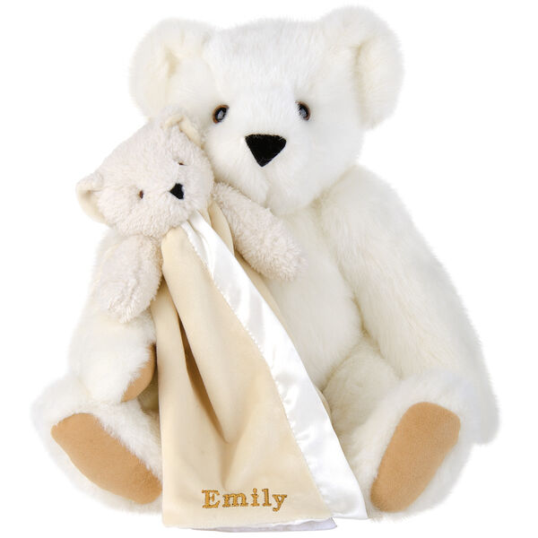 15" Cuddle Buddies Gift Set - Front view of seated jointed bear with ivory bear blanket with stroller strap personalized with "Emily" in gold lettering on corner of blanket - Vanilla white fur