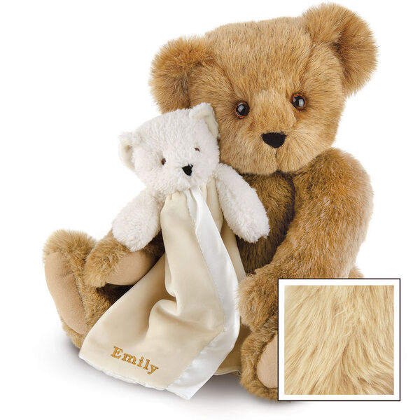 15" Cuddle Buddies Gift Set - Front view of seated jointed bear with ivory bear blanket with stroller strap personalized with "Emily" in gold lettering on corner of blanket - Maple brown fur