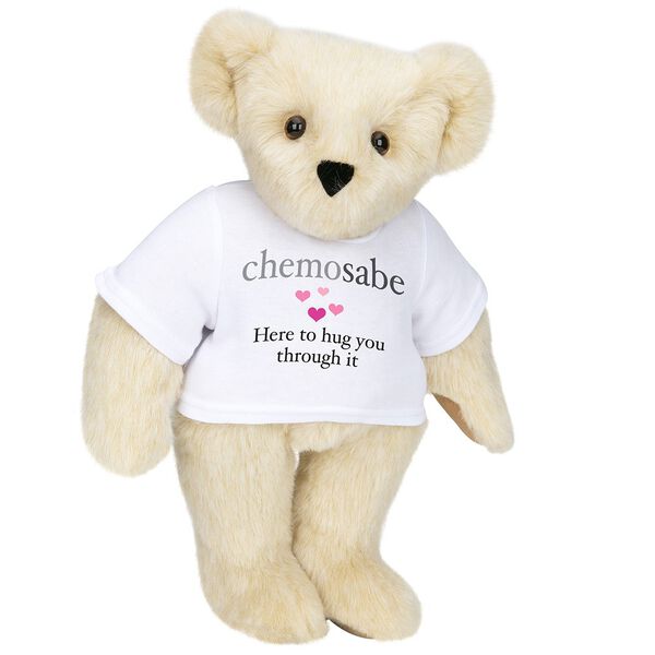 15" Chemosabe T-Shirt Bear - Standing jointed bear dressed in white t-shirt with gray and pink graphic with hearts that says, "chemosabe, Here to hug you through it" - Buttercream brown fur image number 1