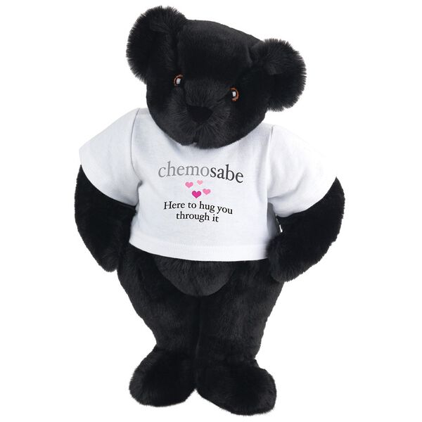 15" Chemosabe T-Shirt Bear - Standing jointed bear dressed in white t-shirt with gray and pink graphic with hearts that says, "chemosabe, Here to hug you through it" - Black fur image number 3
