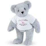 15" Chemosabe T-Shirt Bear - Standing jointed bear dressed in white t-shirt with gray and pink graphic with hearts that says, "chemosabe, Here to hug you through it" - Gray fur image number 4