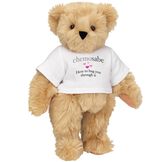 15" Chemosabe T-Shirt Bear - Standing jointed bear dressed in white t-shirt with gray and pink graphic with hearts that says, "chemosabe, Here to hug you through it" - Maple brown fur image number 6