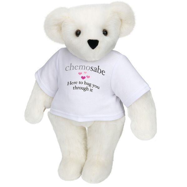 15" Chemosabe T-Shirt Bear - Standing jointed bear dressed in white t-shirt with gray and pink graphic with hearts that says, "chemosabe, Here to hug you through it" - Vanilla white fur image number 2