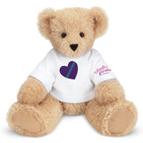 15" Spark Kindness Bear - Front view of seated soft caramel brown bear dressed in a white t-shirt with blue and purple heart graphic on front and "The Jennifer Riordan Foundation" on right sleeve in pink image number 0