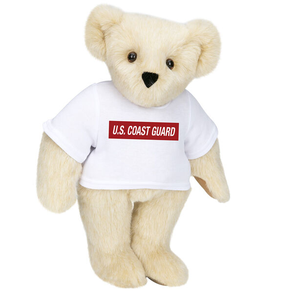 15" Coast Guard T-Shirt Bear - Front view of standing jointed bear dressed in white t-shirt with dark red graphic that says, "U.S. COAST GUARD" - Buttercream brown fur image number 1
