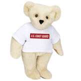 15" Coast Guard T-Shirt Bear - Front view of standing jointed bear dressed in white t-shirt with dark red graphic that says, "U.S. COAST GUARD" - Buttercream brown fur image number 1