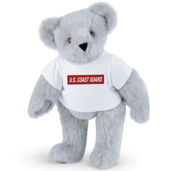 15" Coast Guard T-Shirt Bear - Front view of standing jointed bear dressed in white t-shirt with dark red graphic that says, "U.S. COAST GUARD" - Gray fur image number 4