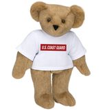 15" Coast Guard T-Shirt Bear - Front view of standing jointed bear dressed in white t-shirt with dark red graphic that says, "U.S. COAST GUARD" - Honey brown fur image number 0