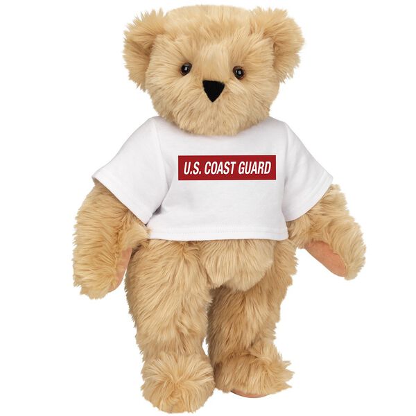 15" Coast Guard T-Shirt Bear - Front view of standing jointed bear dressed in white t-shirt with dark red graphic that says, "U.S. COAST GUARD" - Maple brown fur image number 5