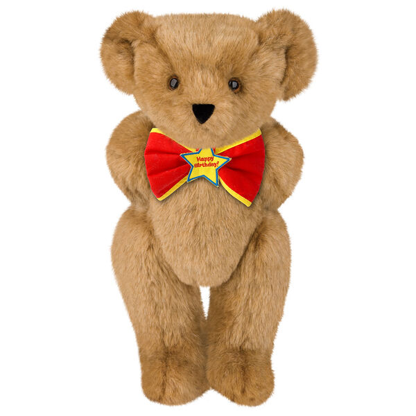 15" "Happy Birthday" Bow Tie Bear - Standing jointed bear dressed in red bow tie with yellow trim; "Happy Birthday" is embroidered on Star center - Honey brown fur image number 0