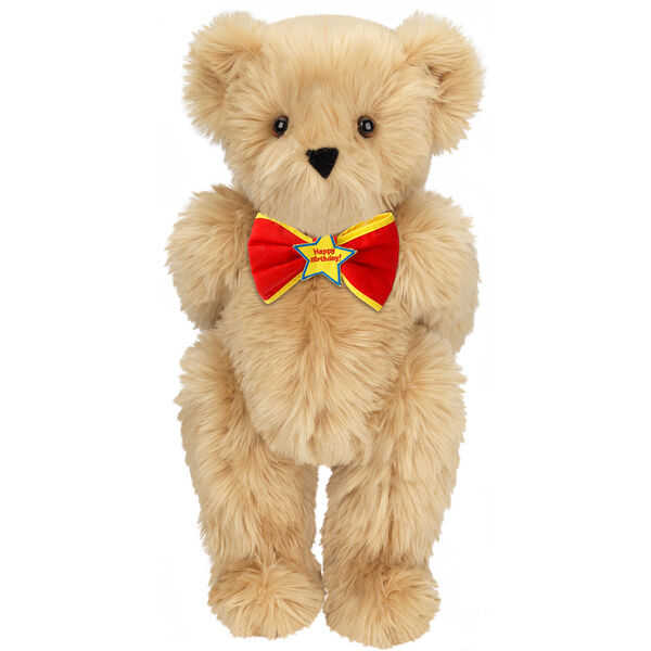 15" "Happy Birthday" Bow Tie Bear - Standing jointed bear dressed in red bow tie with yellow trim; "Happy Birthday" is embroidered on Star center - long Maple brown fur image number 6