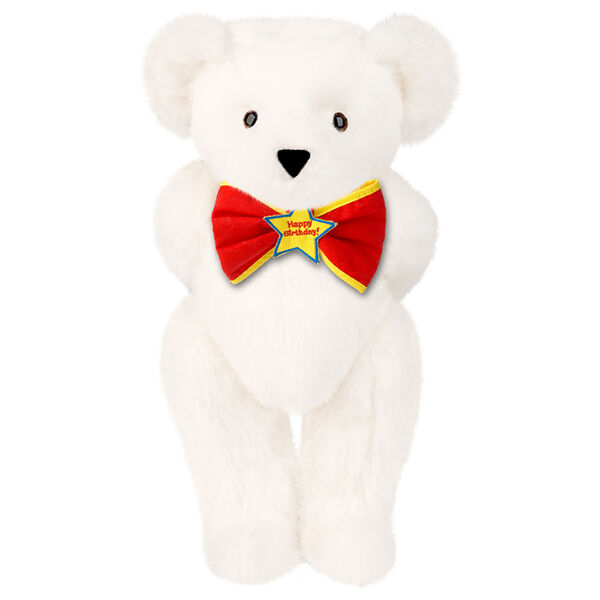 15" "Happy Birthday" Bow Tie Bear - Standing jointed bear dressed in red bow tie with yellow trim; "Happy Birthday" is embroidered on Star center - Vanilla white fur image number 2