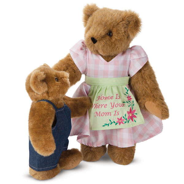 15" Home Is Where Your Mom Is Bear - Front view of standing jointed bear wearing a pink gingham dress, green bow and apron with floral embroidery and says "Home is Where Your Mom Is" presented as a Mother's Day gift image number 5