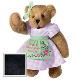 15" Home Is Where Your Mom Is Bear - Front view of standing jointed bear wearing a pink gingham dress, green bow and apron with floral embroidery and says "Home is Where Your Mom Is" - Black fur image number 7