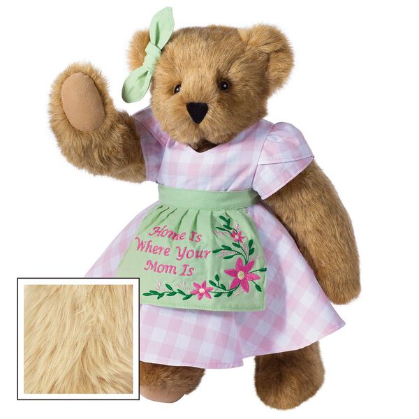 15" Home Is Where Your Mom Is Bear - Front view of standing jointed bear wearing a pink gingham dress, green bow and apron with floral embroidery and says "Home is Where Your Mom Is" - Maple brown fur image number 9