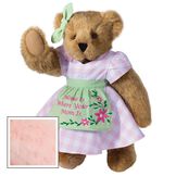 15" Home Is Where Your Mom Is Bear - Front view of standing jointed bear wearing a pink gingham dress, green bow and apron with floral embroidery and says "Home is Where Your Mom Is" - Pink fur image number 8