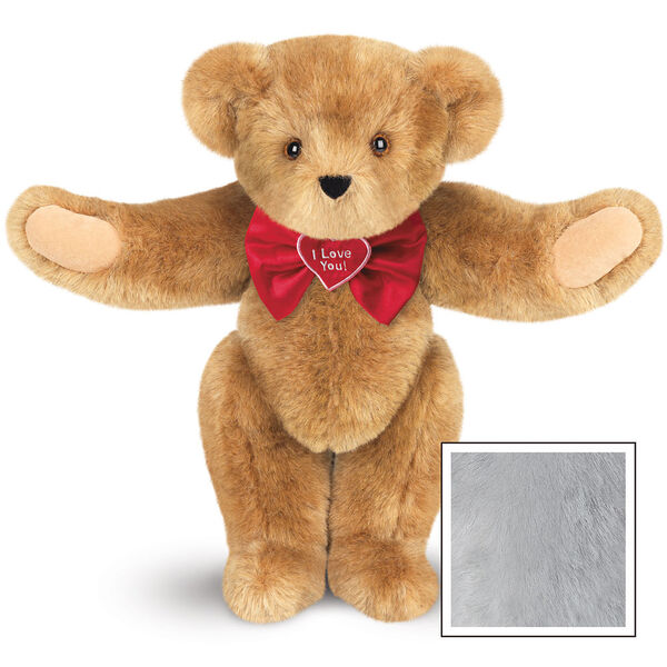 15" "I Love You" Bow Tie Bear - Standing jointed bear dressed in red satin bow tie; "I Love You"  is embroidered on red satin heart center - Gray image number 4