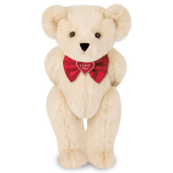 15" "I Love You" Bow Tie Bear - Standing jointed bear dressed in red satin bow tie; "I Love You"  is embroidered on red satin heart center - Buttercream brown fur
