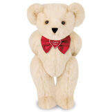 15" "I Love You" Bow Tie Bear - Standing jointed bear dressed in red satin bow tie; "I Love You"  is embroidered on red satin heart center - Buttercream brown fur image number 1