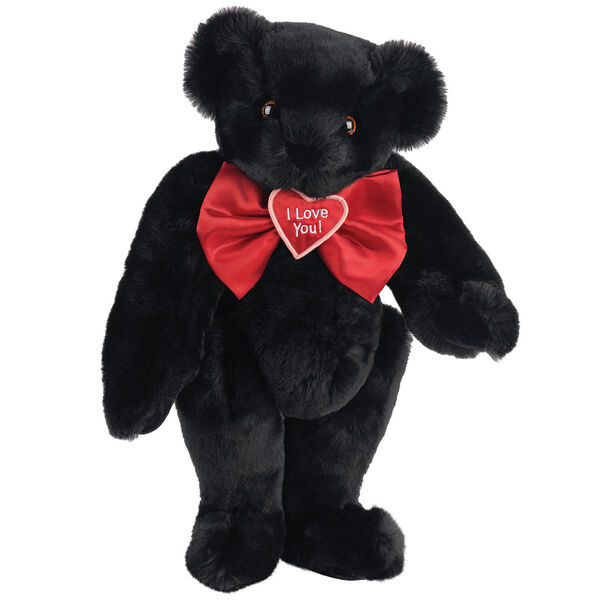 15" "I Love You" Bow Tie Bear - Standing jointed bear dressed in red satin bow tie; "I Love You"  is embroidered on red satin heart center - Black fur image number 3