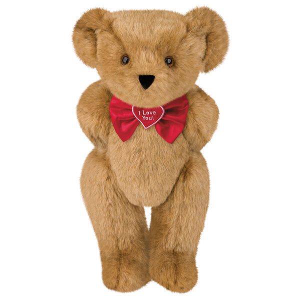 15" "I Love You" Bow Tie Bear - Standing jointed bear dressed in red satin bow tie; "I Love You"  is embroidered on red satin heart center - Honey brown fur image number 0