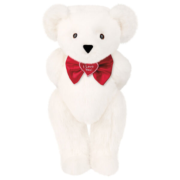 15" "I Love You" Bow Tie Bear - Standing jointed bear dressed in red satin bow tie; "I Love You"  is embroidered on red satin heart center -Vanilla White fur image number 2