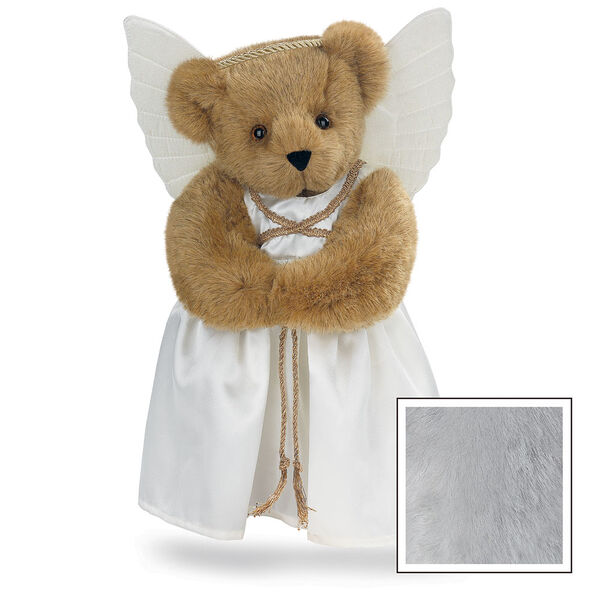 15" Angel Bear - Standing jointed bear in a ivory satin dress with satin angel wings and gold metallic halo - Gray image number 4