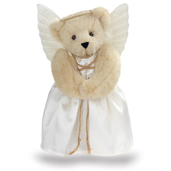 15" Angel Bear - Standing jointed bear in a ivory satin dress with satin angel wings and gold metallic halo - Buttercream brown fur image number 1