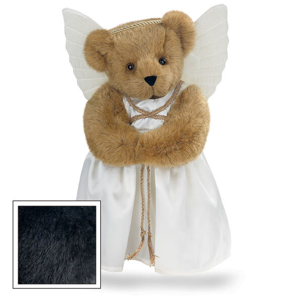 15" Angel Bear - Standing jointed bear in a ivory satin dress with satin angel wings and gold metallic halo - Black fur image number 3