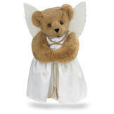 15" Angel Bear - Standing jointed bear in a ivory satin dress with satin angel wings and gold metallic halo - Honey brown fur image number 0
