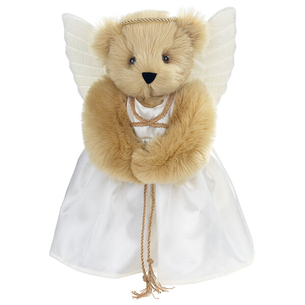15" Angel Bear - Standing jointed bear in a ivory satin dress with satin angel wings and gold metallic halo - Maple brown fur image number 6