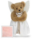 15" Angel Bear - Standing jointed bear in a ivory satin dress with satin angel wings and gold metallic halo - Pink fur image number 5