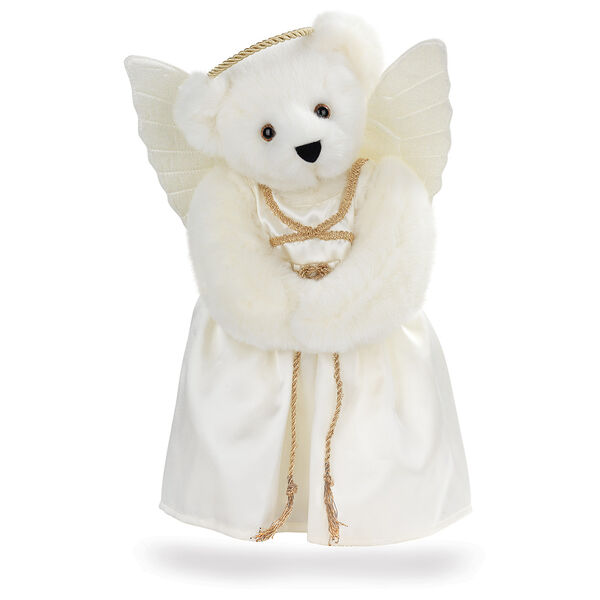 15" Angel Bear - Standing jointed bear in a ivory satin dress with satin angel wings and gold metallic halo - Vanilla white fur image number 2