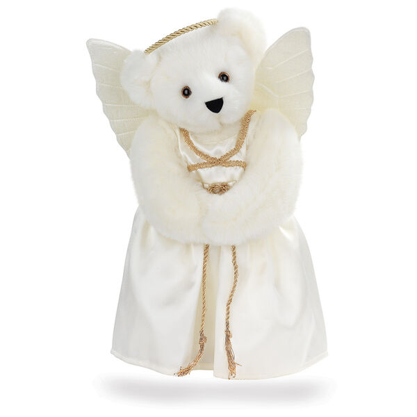 15" Angel Bear - Standing jointed bear in a ivory satin dress with satin angel wings and gold metallic halo - Vanilla white fur image number 2