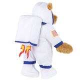 15" Astronaut Bear - Back view of standing jointed bear dressed in white space suit, boots, helmet and jet pack with shooting flames - Honey brown fur image number 1