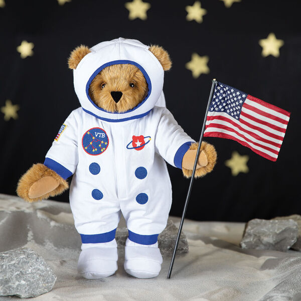 15" Astronaut Bear - Standing jointed bear dressed in white space suit, boots, jet pack and helmet with blue trim, embroidered patches  on the moon holding an American flag (not included) - Honey brown fur image number 3
