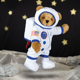 15" Astronaut Bear - Three quarter view of standing jointed bear dressed in white space suit, boots, jet pack and helmet with blue trim, embroidered patches bouncing on the moon - Honey brown fur image number 2