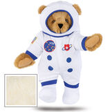 15" Astronaut Bear - Standing jointed bear dressed in white space suit, boots and helmet with blue trim, embroidered patches and American flag - Buttercream brown fur image number 4