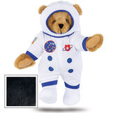 15" Astronaut Bear - Standing jointed bear dressed in white space suit, boots and helmet with blue trim, embroidered patches and American flag - Black fur image number 6