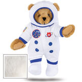 15" Astronaut Bear - Standing jointed bear dressed in white space suit, boots and helmet with blue trim, embroidered patches and American flag - Vanilla white fur image number 5