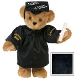 15" Graduation Bear in Black Gown - Front view of standing jointed bear dressed in black satin graduation gown and cap and holding a rolled up diploma personalized "Jackson 2023" on right sleeve and "Syracuse" on left in gold - Black image number 6