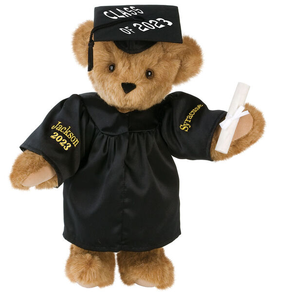 15" Graduation Bear in Black Gown - Front view of standing jointed bear dressed in black satin graduation gown and cap and holding a rolled up diploma personalized "Jackson 2023" on right sleeve and "Syracuse" on left in gold - Honey image number 0