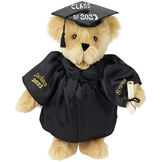 15" Graduation Bear in Black Gown - Front view of standing jointed bear dressed in black satin graduation gown and cap and holding a rolled up diploma personalized "Jackson 2023" on right sleeve and "Syracuse" on left in gold - Maple image number 9