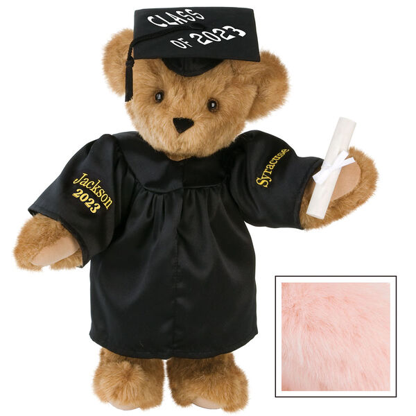15" Graduation Bear in Black Gown - Front view of standing jointed bear dressed in black satin graduation gown and cap and holding a rolled up diploma personalized "Jackson 2023" on right sleeve and "Syracuse" on left in gold - Pink image number 8