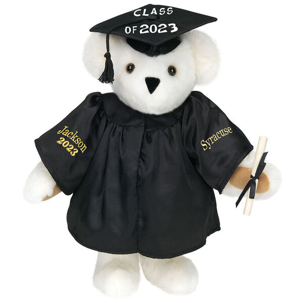15" Graduation Bear in Black Gown - Front view of standing jointed bear dressed in black satin graduation gown and cap and holding a rolled up diploma personalized "Jackson 2023" on right sleeve and "Syracuse" on left in gold - Vanilla image number 5