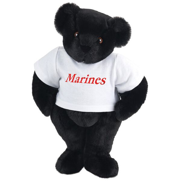 15" Marines T-Shirt Bear - Front view of standing jointed bear dressed in white t-shirt with red graphic that says, "Marines" - Black fur image number 3