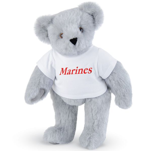 15" Marines T-Shirt Bear - Front view of standing jointed bear dressed in white t-shirt with red graphic that says, "Marines" - Gray fur image number 4