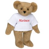 15" Marines T-Shirt Bear - Front view of standing jointed bear dressed in white t-shirt with red graphic that says, "Marines" - Honey brown fur image number 0